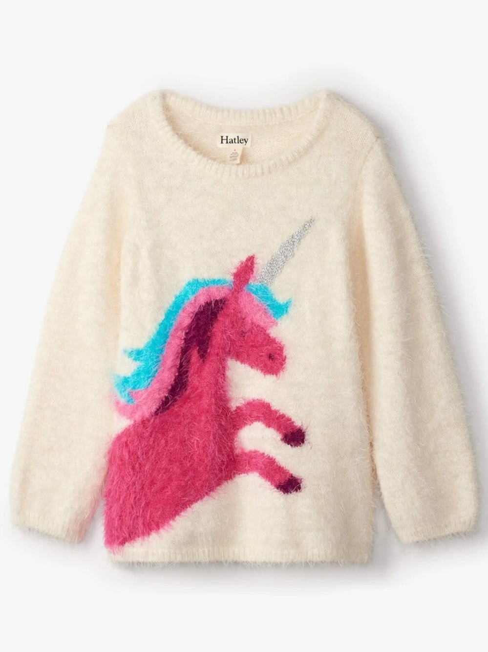 Hatley Girls Cream Fuzzy Unicorn Sweater with Pink & Teal Mane